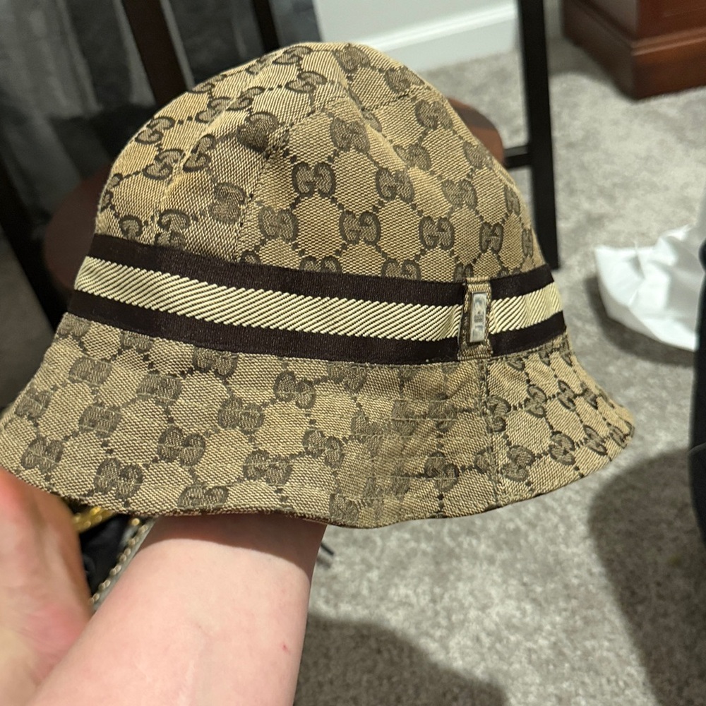 Gucci Brown Monogram Canvas Bucket Hat with Web Stripe - Picture 2 of 4